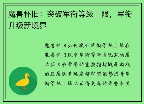 魔兽怀旧：突破军衔等级上限，军衔升级新境界
