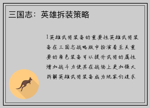 三国志：英雄拆装策略