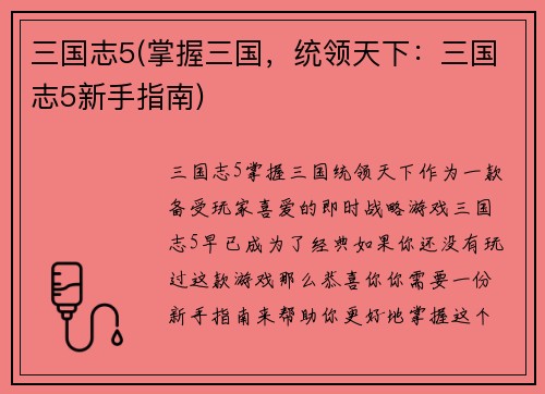 三国志5(掌握三国，统领天下：三国志5新手指南)