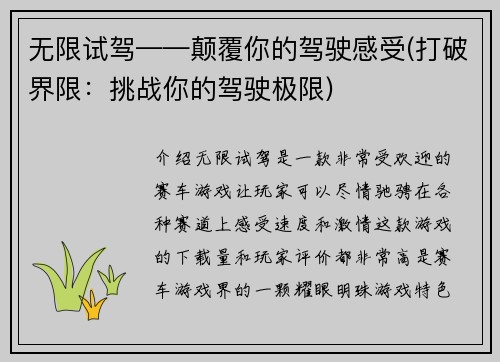 无限试驾——颠覆你的驾驶感受(打破界限：挑战你的驾驶极限)